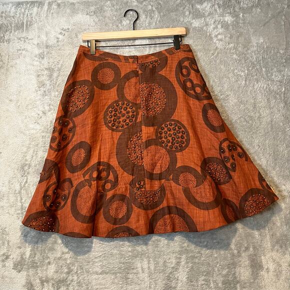Vtg Boho Linen Skirt Rust Brown Circle Print & Beaded Details Earthy Tones Sz 4 - Picture 2 of 8